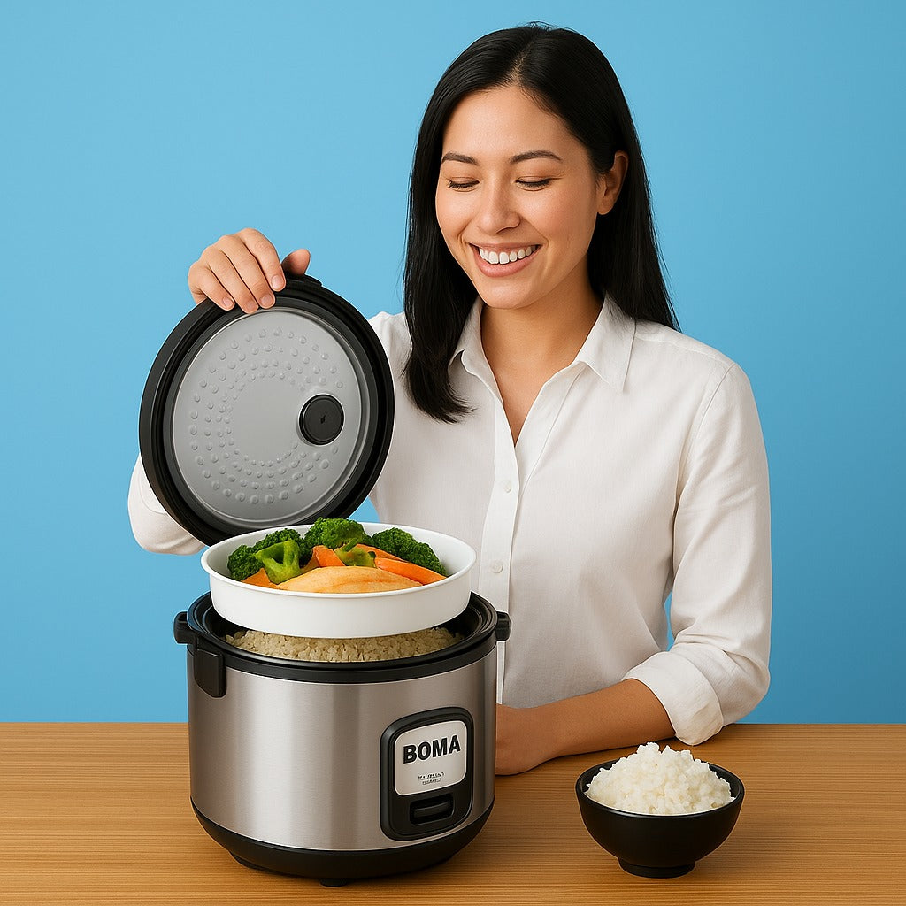 🔥🍚 Olla Arrocera BOMA 5L – Cocina para Toda la Familia 👨‍👩‍👧‍👦 Segura y Rápida ⚡✨ 🚚 Envío Gratis